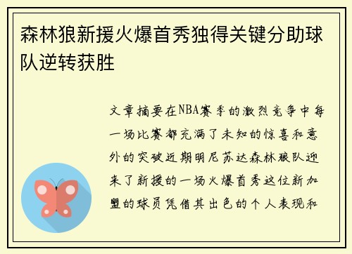 森林狼新援火爆首秀独得关键分助球队逆转获胜