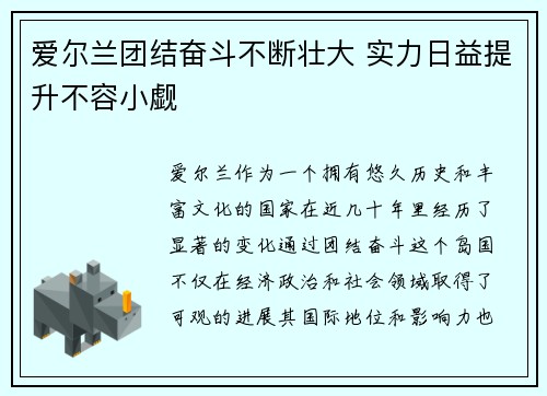 爱尔兰团结奋斗不断壮大 实力日益提升不容小觑