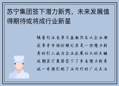 苏宁集团签下潜力新秀，未来发展值得期待或将成行业新星