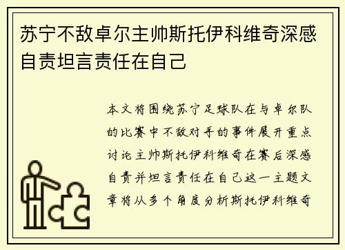 苏宁不敌卓尔主帅斯托伊科维奇深感自责坦言责任在自己