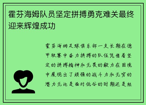 霍芬海姆队员坚定拼搏勇克难关最终迎来辉煌成功