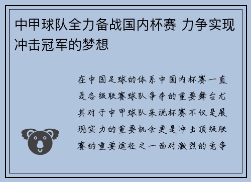 中甲球队全力备战国内杯赛 力争实现冲击冠军的梦想