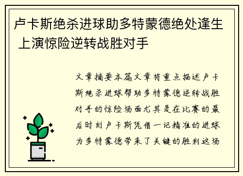 卢卡斯绝杀进球助多特蒙德绝处逢生 上演惊险逆转战胜对手