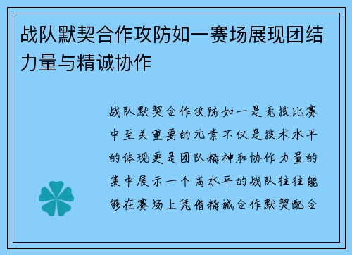 战队默契合作攻防如一赛场展现团结力量与精诚协作