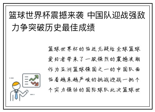 篮球世界杯震撼来袭 中国队迎战强敌 力争突破历史最佳成绩