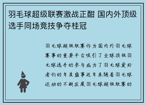 羽毛球超级联赛激战正酣 国内外顶级选手同场竞技争夺桂冠