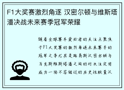 F1大奖赛激烈角逐 汉密尔顿与维斯塔潘决战未来赛季冠军荣耀